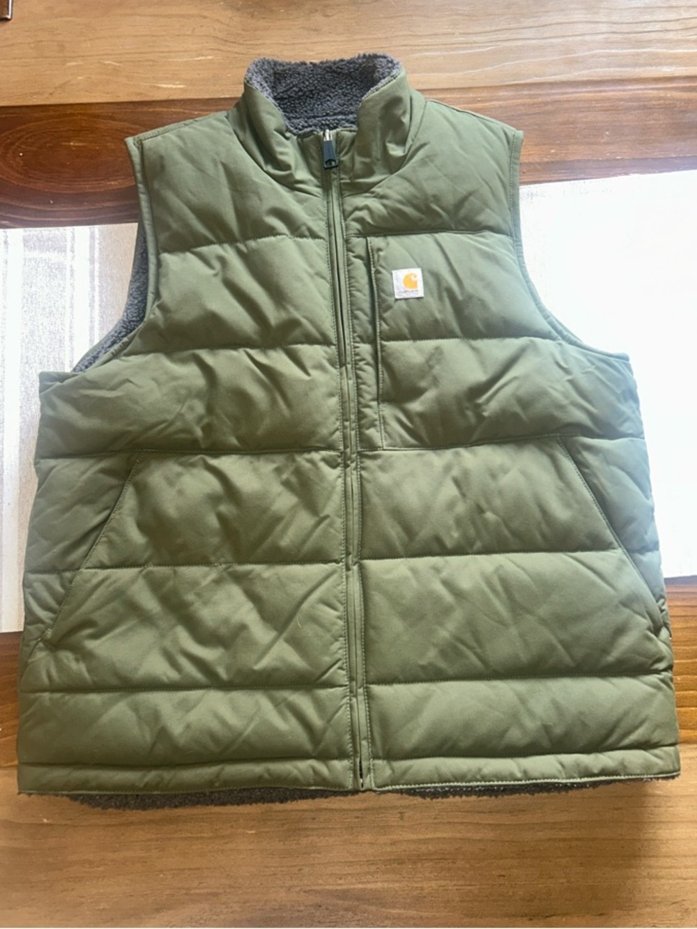Carhartt Olive Green Quilted Puffer Vest with Gray Fleece Lining